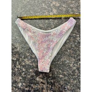 Oceanus Swimwear White Pink Sequin High Cut Bikini Bottoms Size S NEW